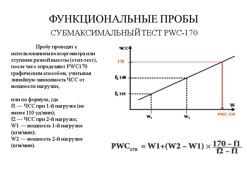 ФУНКЦИОНАЛЬНЫЕ ПРОБЫ СУБМАКСИМАЛЬНЫЙ ТЕСТ PWC-170   Пробу проводят с использованием велоэргометра или ступенек